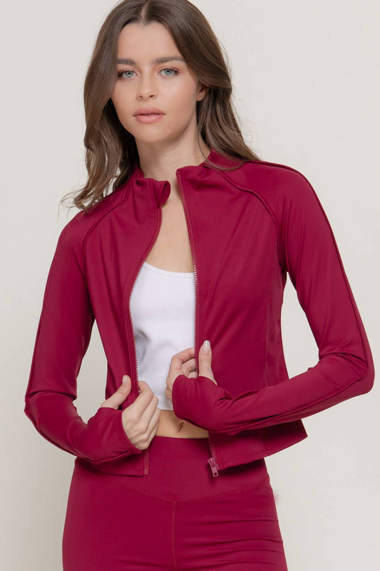 Long Sleeve Mitten Thumb Holes Zip-Up Activewear Jacket