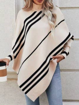 Striped Half-Neck Dolman-Sleeved Knitted Cape Shawl: Khaki