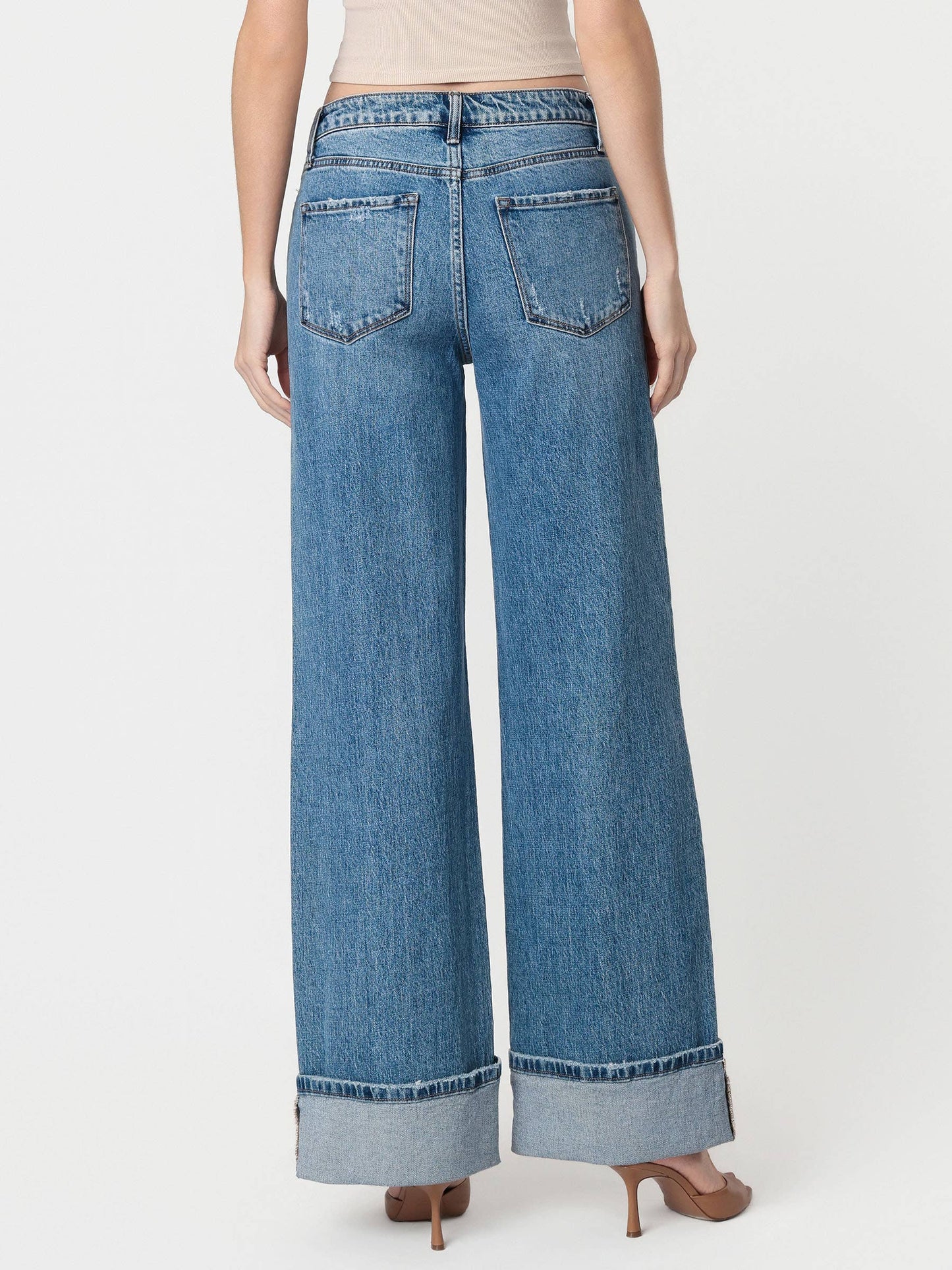 HIGH RISE CUFFED PANEL BAGGY WIDE JEANS T6645: SHINE / 27