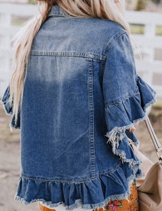 Raw Edge Ruffled Short Sleeve Denim Jacket: Blue / S