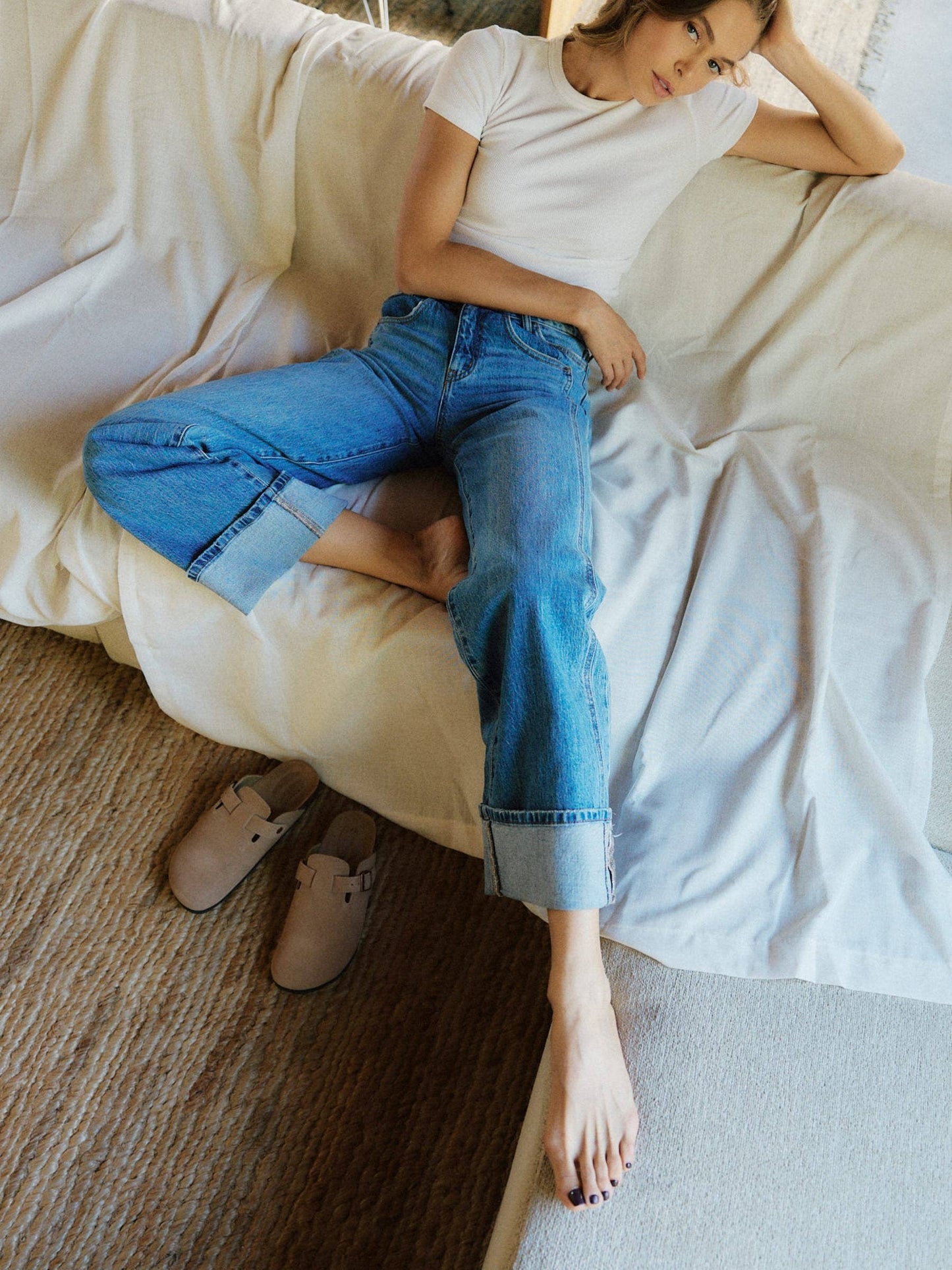 HIGH RISE CUFFED PANEL BAGGY WIDE JEANS T6645: SHINE / 29