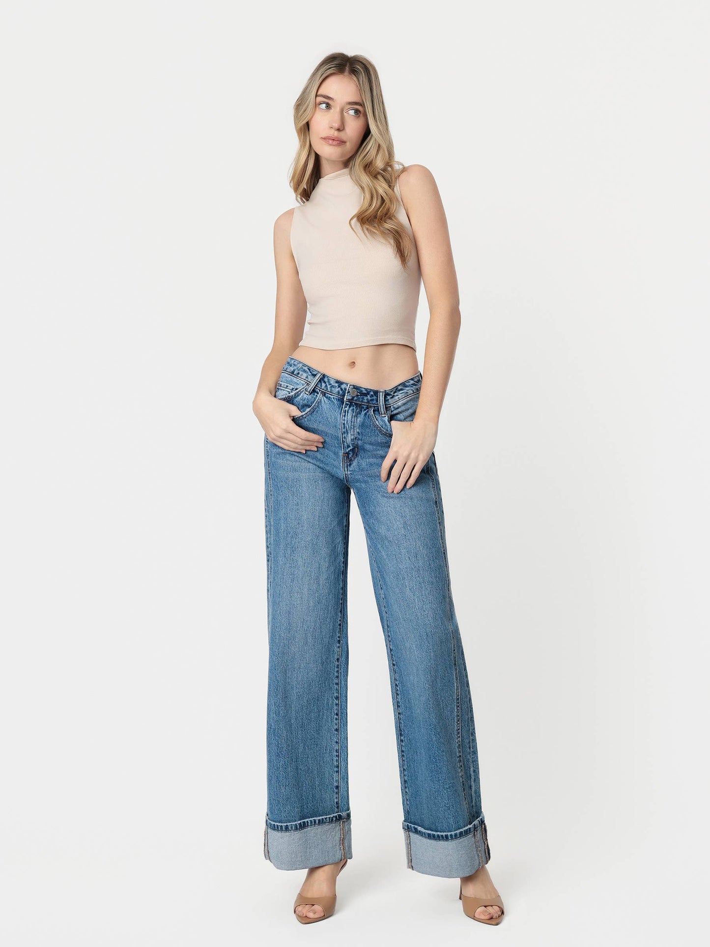 HIGH RISE CUFFED PANEL BAGGY WIDE JEANS T6645: SHINE / 26
