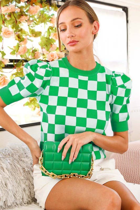 Checkerboard Crew Neck Short Puff Sleeve Sweater VT81345: Pink / L