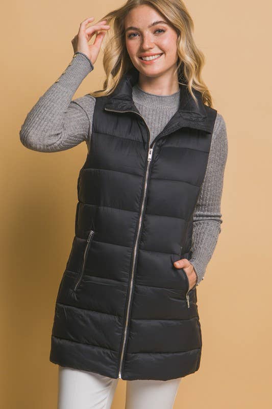 Sleeveless Longline Puffer Vest: BLACK