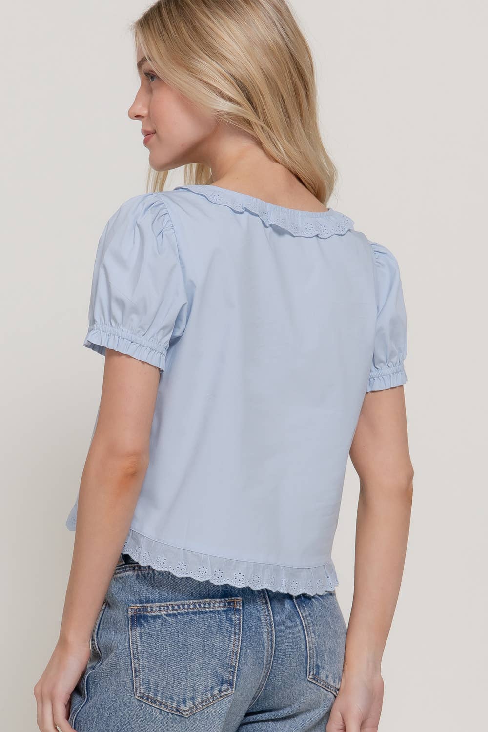 Short Sleeve Square Neck Blouse with Eyelet Lace Trim & Tie: WHT-white / S