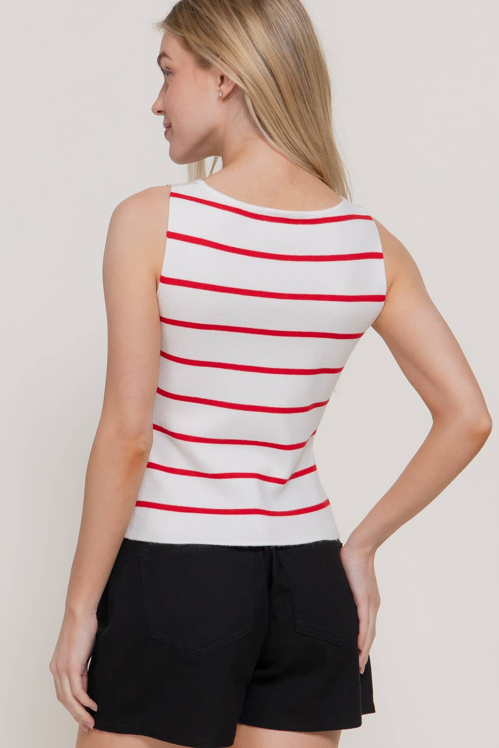 Sleeveless Boat Neck Button Split Stripe Top: KHA-white/khaki / M