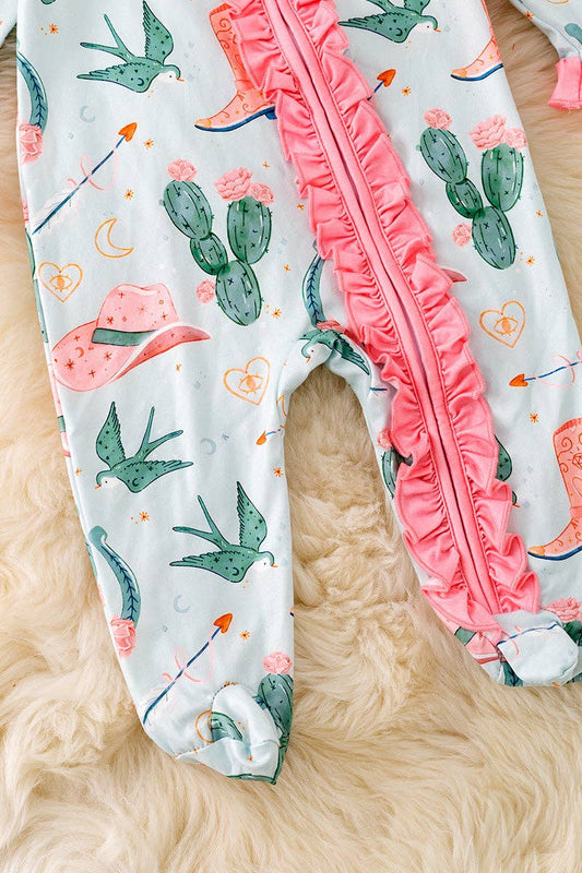 Cactus printed baby bodysuit with ruffle trim. RPG53364 AMY: 12-18 months