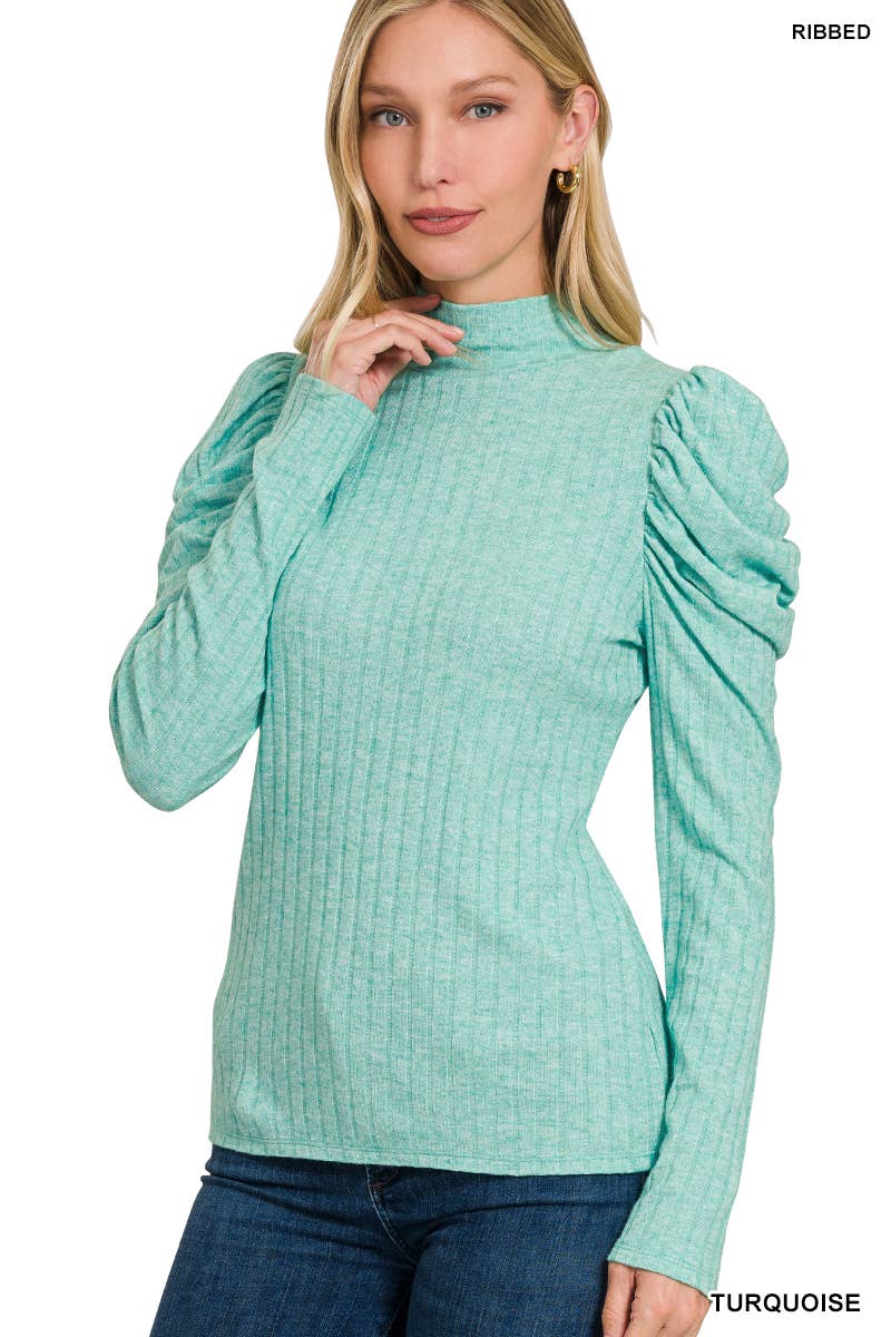 Ribbed Puff Long Sleeve Mock Neck Top: LT GREEN