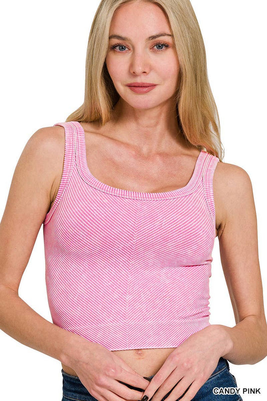 Stone Washed Ribbed Seamless Bra Tank Top: CANDY PINK