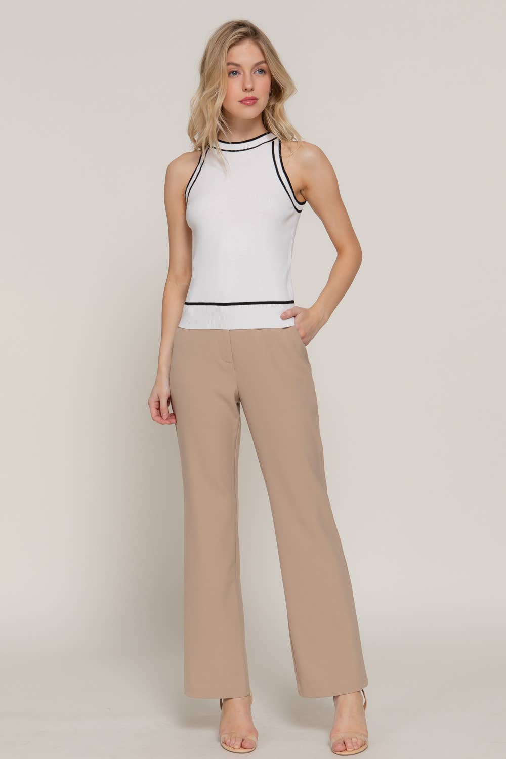 Contrast Stripe Halter Neck Spring Sweater: TEL-jade/white / L