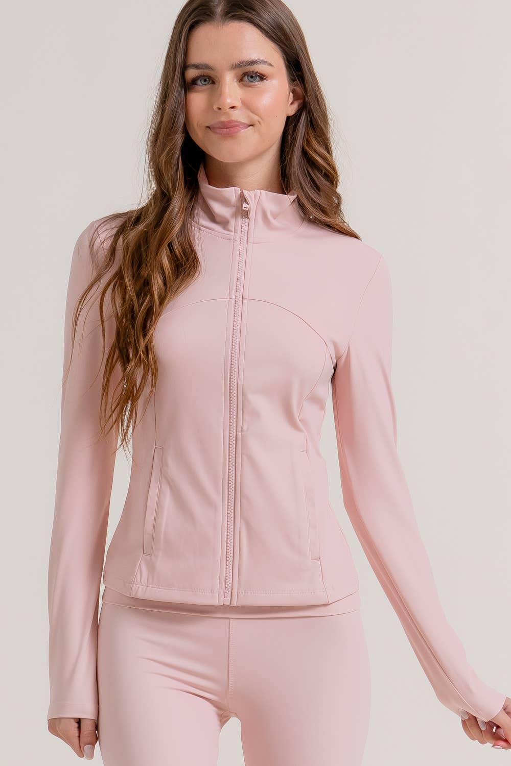 Long Sleeve Mock Neck Seam Detail Workout Jacket: GRN-jade green / S