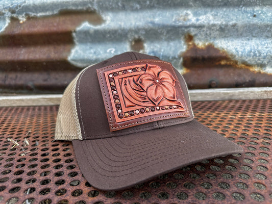 Pansy Handtooled Leather Patch Cap with Beaded Border Cowgirl Rodeo Western Cowboy: Brown/Tan