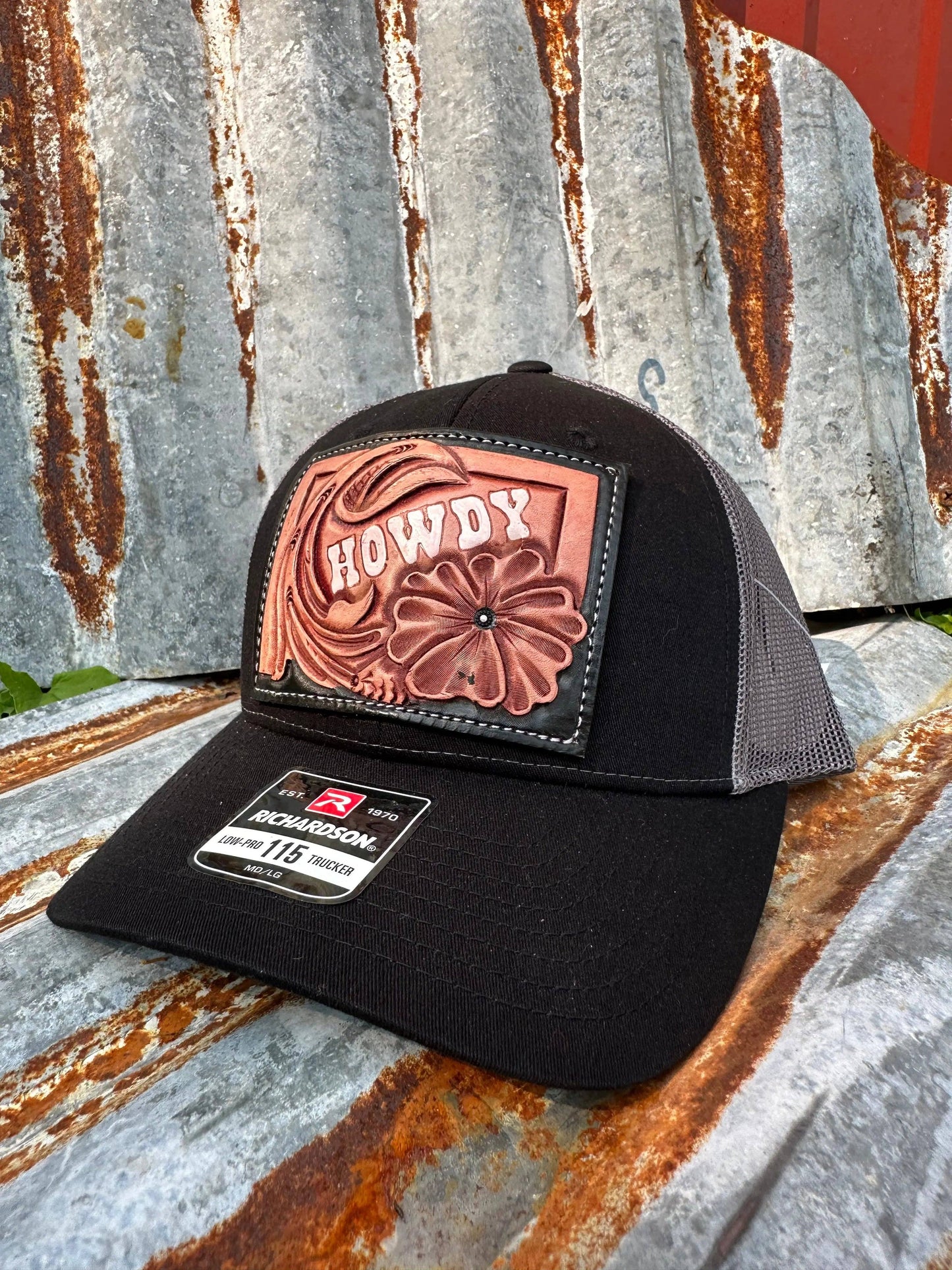 Howdy Floral Tooled Leather Patch Cap Western Cowgirl Rodeo: Light Grey/Black