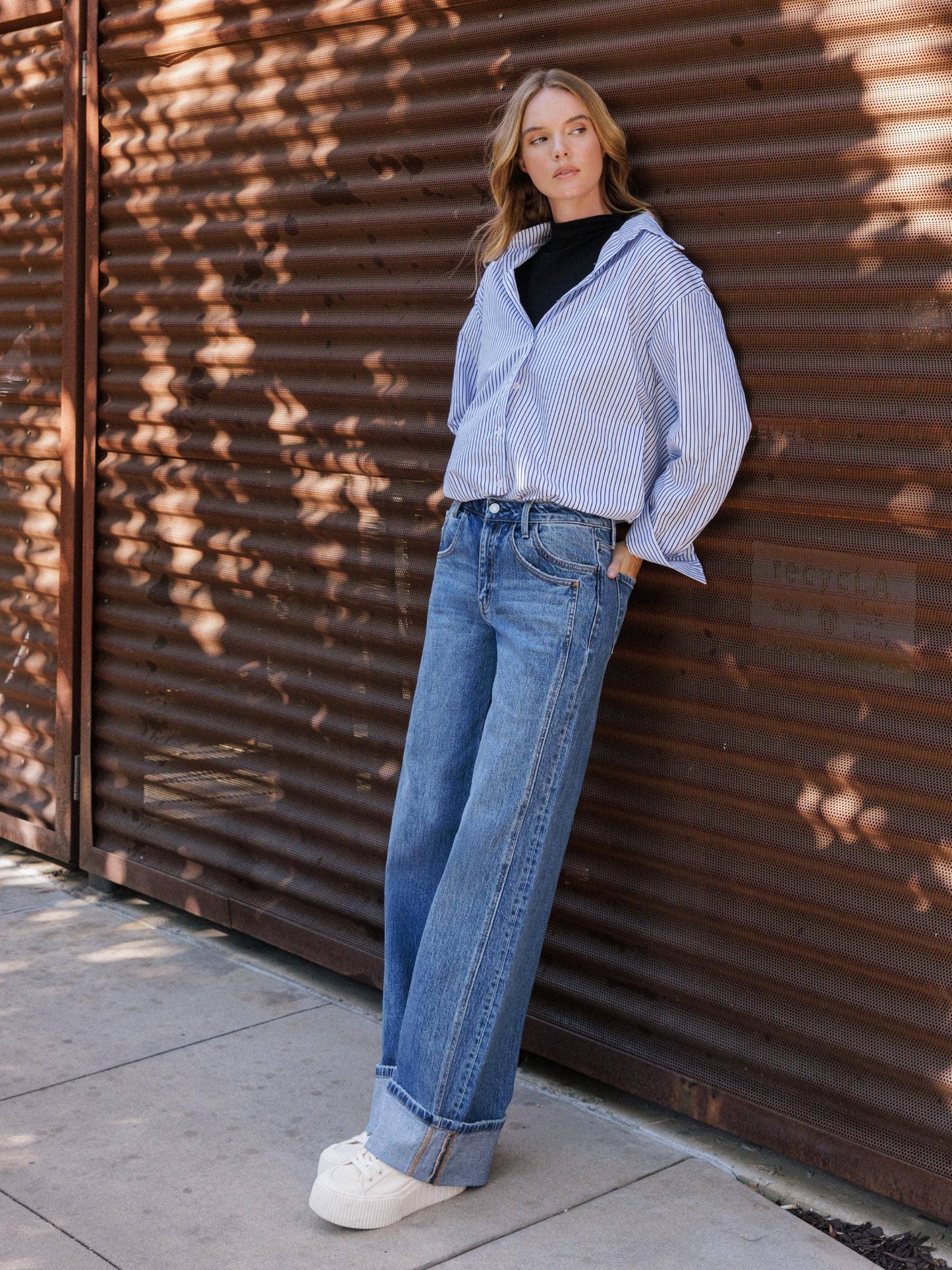 HIGH RISE CUFFED PANEL BAGGY WIDE JEANS T6645: SHINE / 27