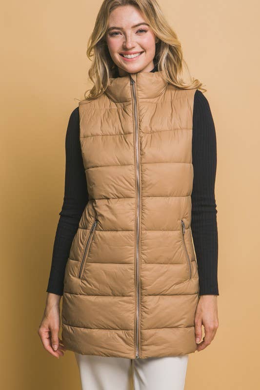 Sleeveless Longline Puffer Vest: BLACK