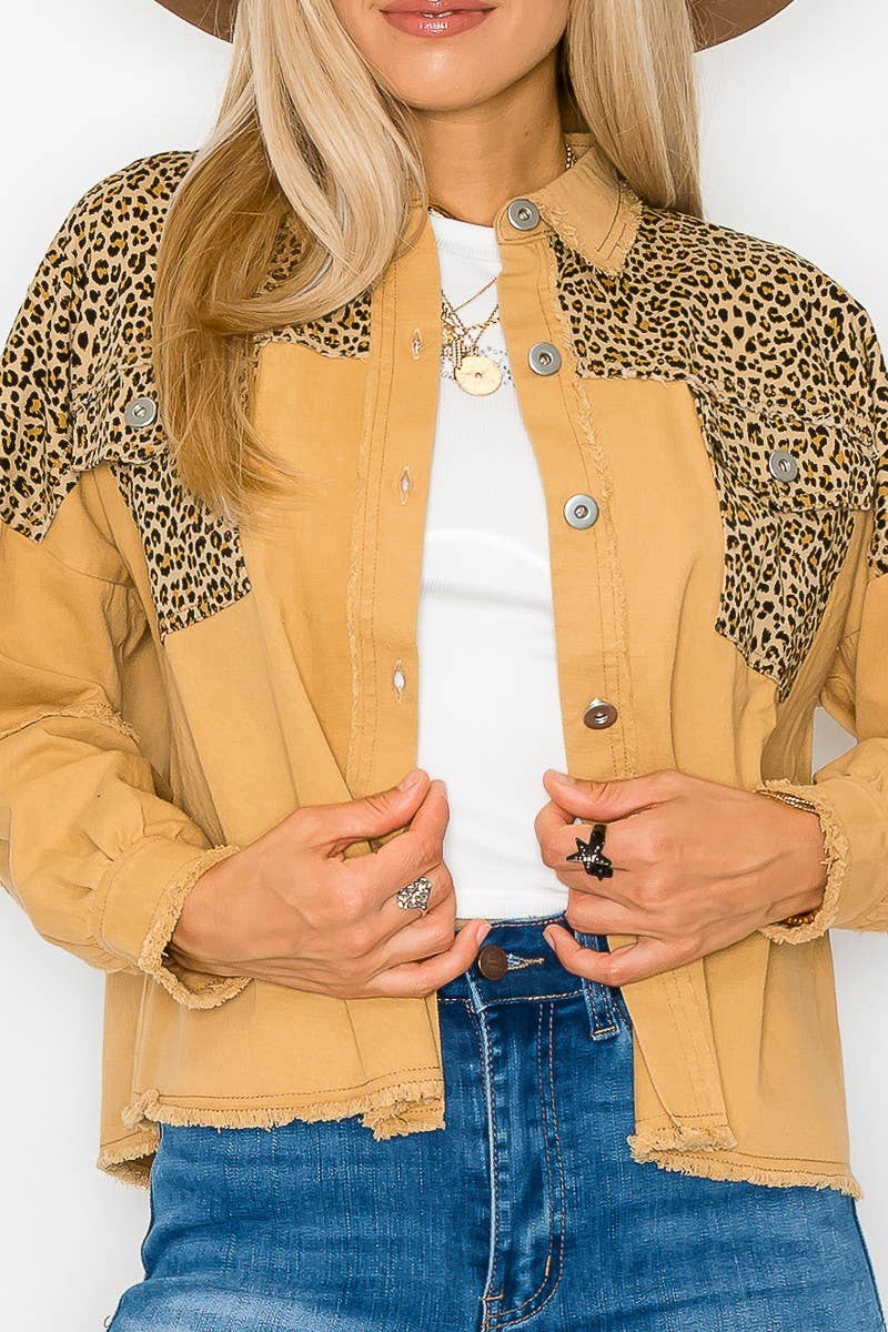 Leopard Contrast  Denim Jacket with Raw edge: Mocha