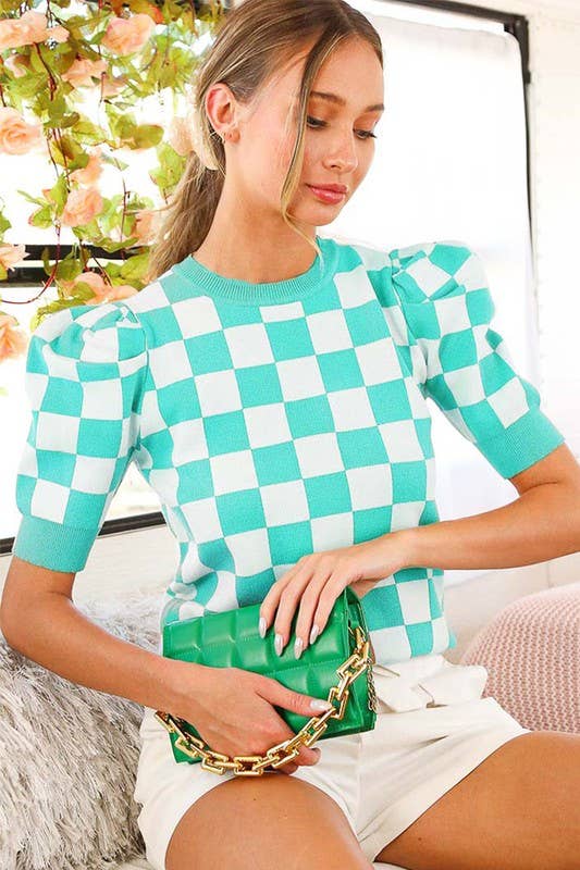 Checkerboard Crew Neck Short Puff Sleeve Sweater VT81345: Pink / M