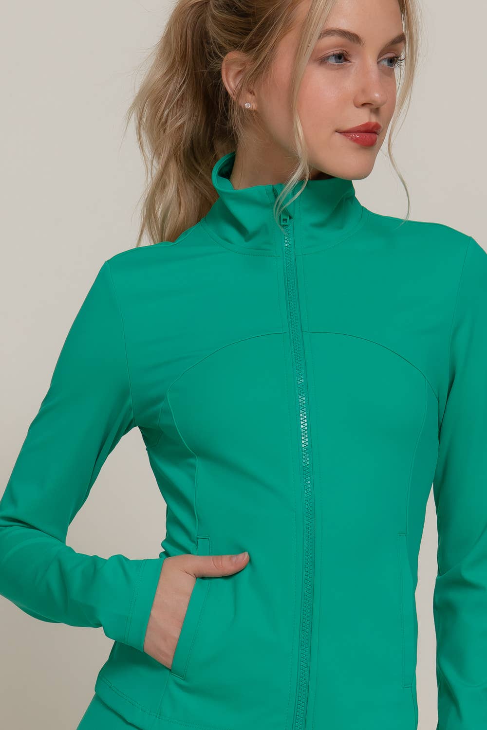 Long Sleeve Mock Neck Seam Detail Workout Jacket: GRN-jade green / S
