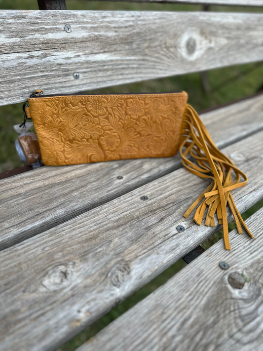 Suede tooled leather clutch purse with Fringe