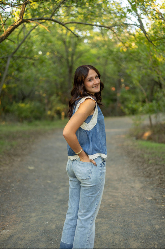 Denim Tank with lace trim
