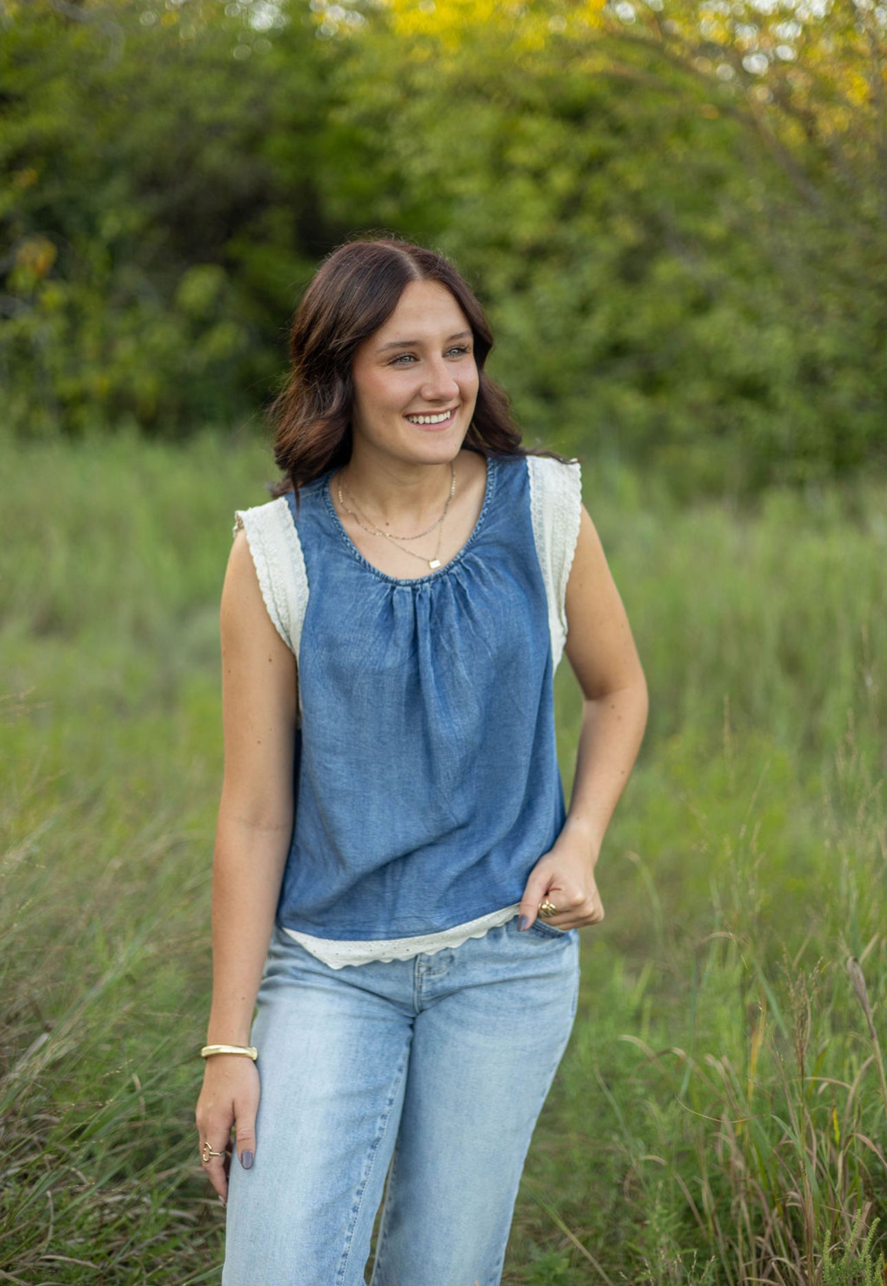 Denim Tank with lace trim