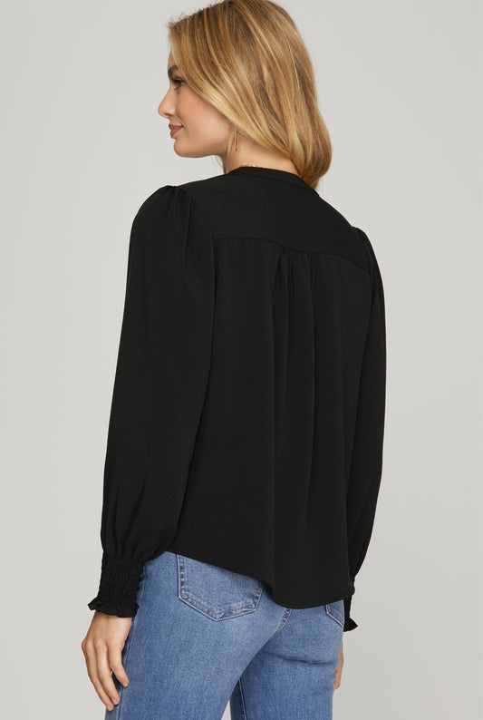 Smocked sleeve black blouse