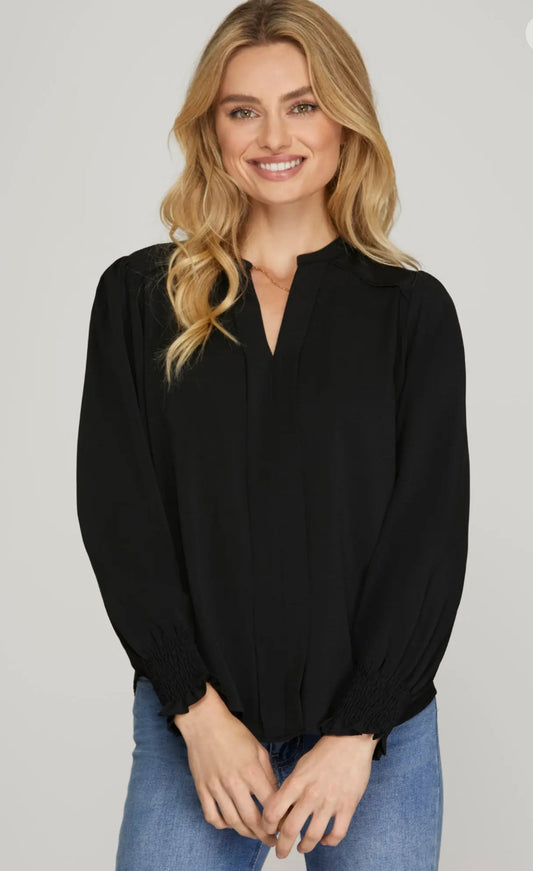Smocked sleeve black blouse