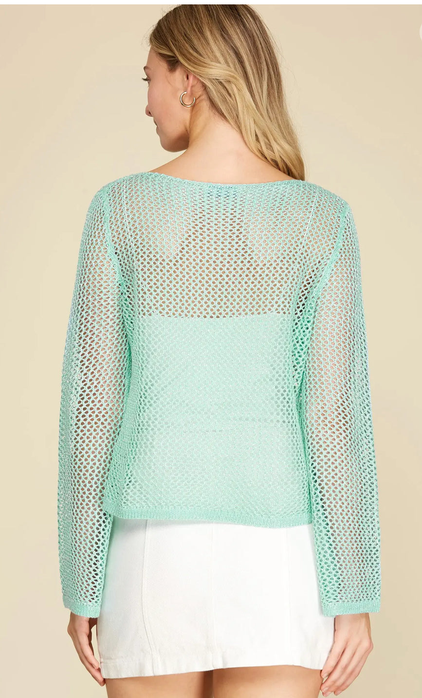 Open knit metallic top