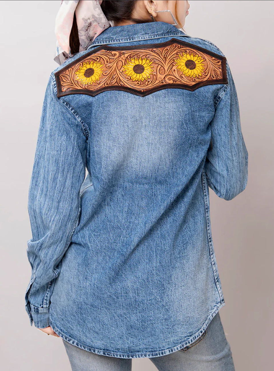 Denim Leather Tooled Sunflower Shirt