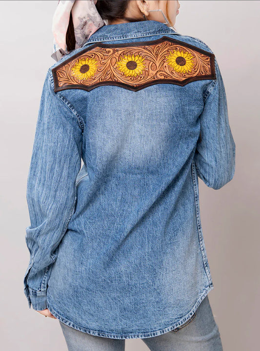 Denim Leather Tooled Sunflower Shirt