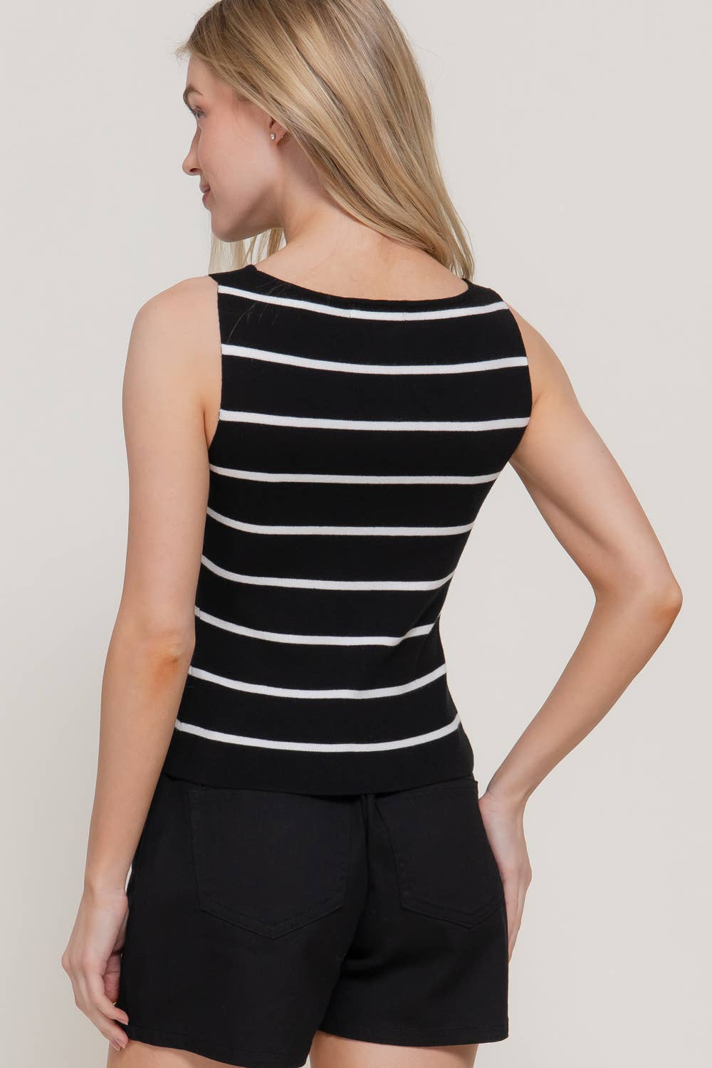Sleeveless Boat Neck Button Split Stripe Top: KHA-white/khaki / M