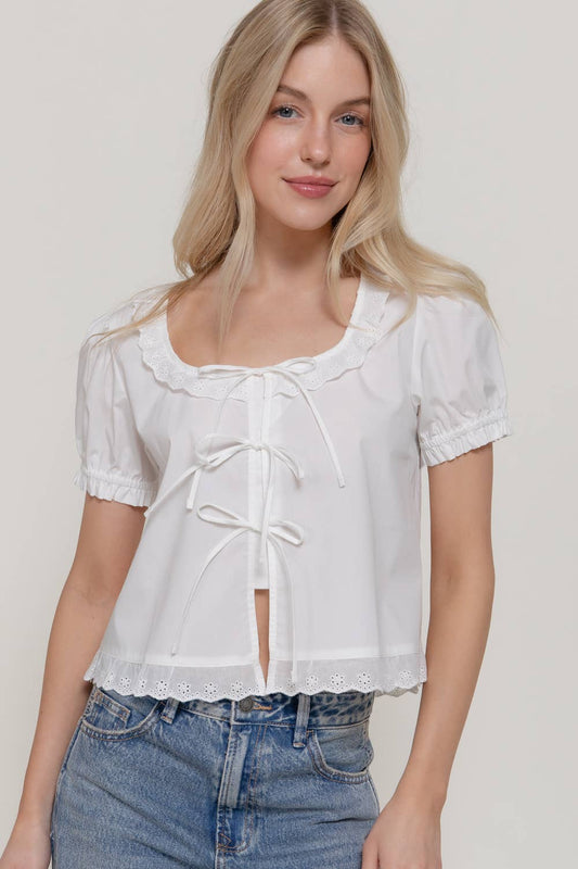 Short Sleeve Square Neck Blouse with Eyelet Lace Trim & Tie: WHT-white / L