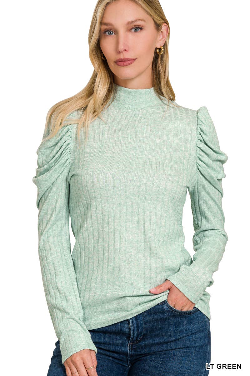 Ribbed Puff Long Sleeve Mock Neck Top: LT GREEN