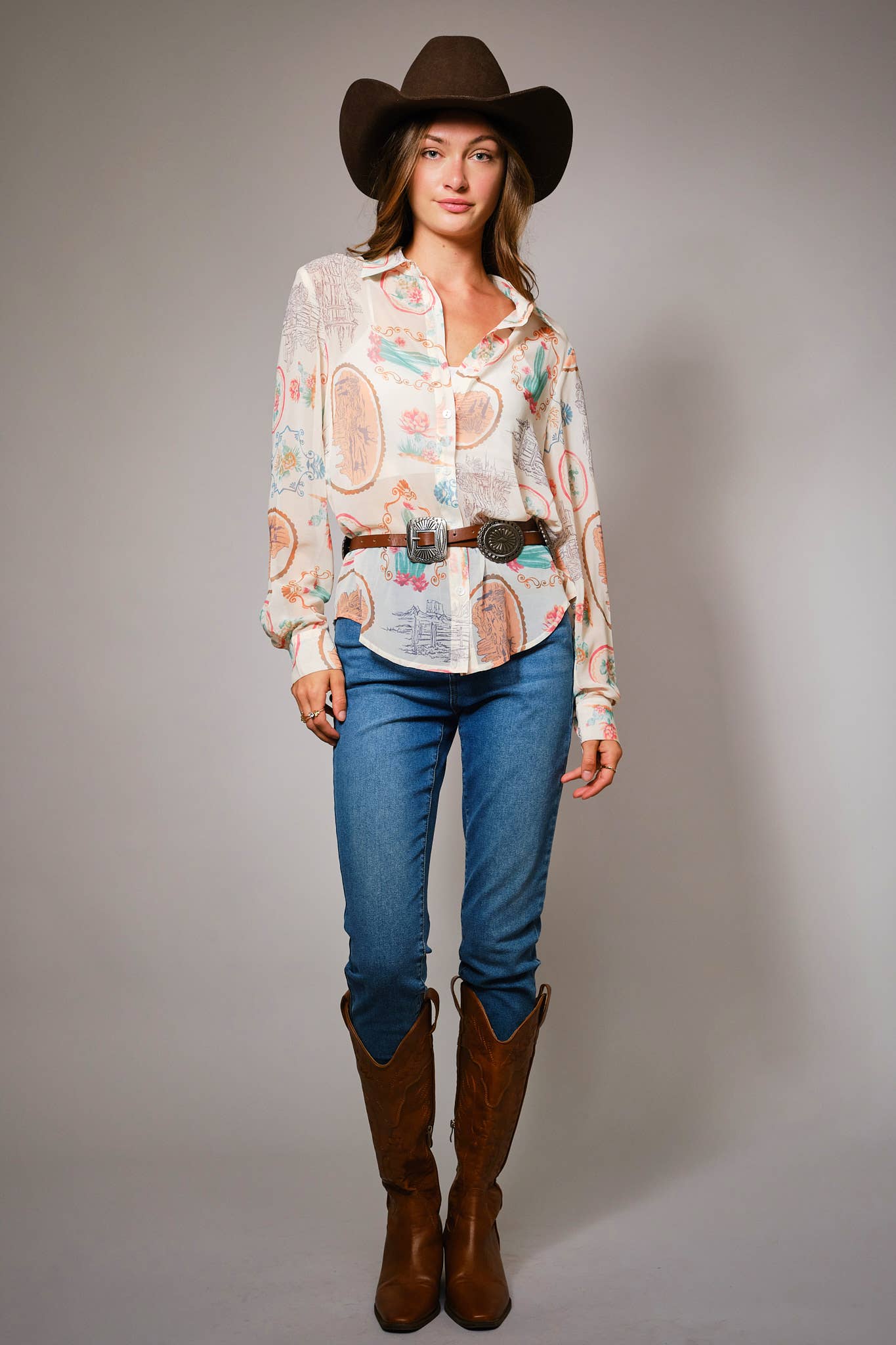 Western Print Chiffon Shirt: MULTI