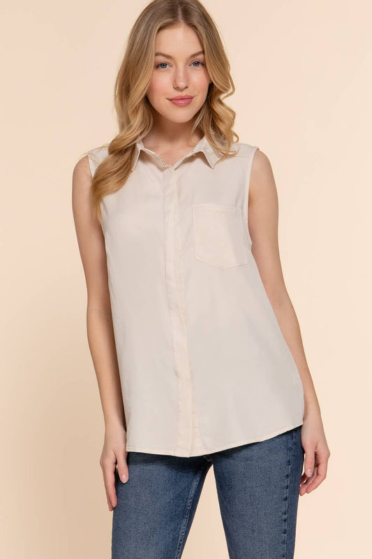 Sleeveless With Pocket Tencel Shirt: IVY-BEIGE / S