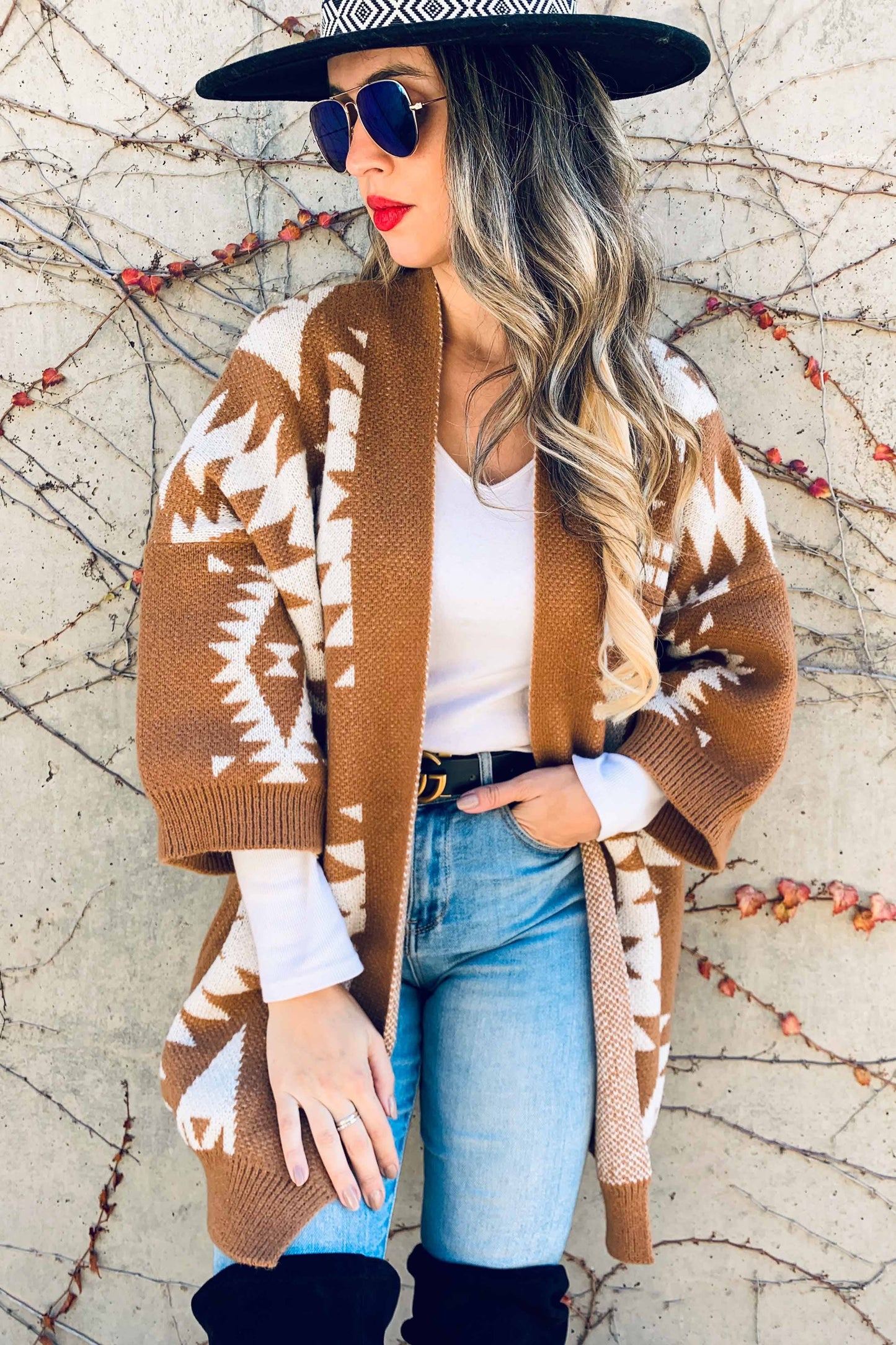 Caramel Open Front Aztec Printed Knitted Cardigan: Caramel / One Size