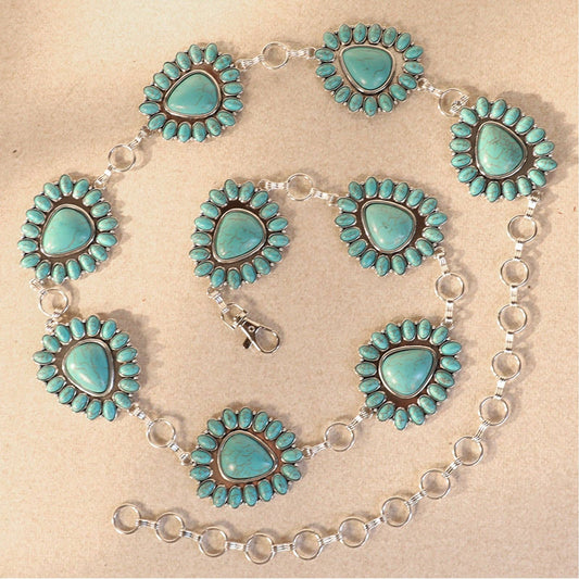 RCB-1042  Rustic Couture  Ova Blossom Stone Concho Link Chain Belt: Turquoise