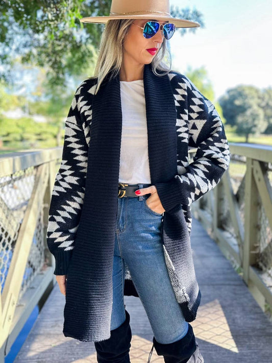 Black Aztec Printed Lightweight Cardigan with Pockets: Black / One Size