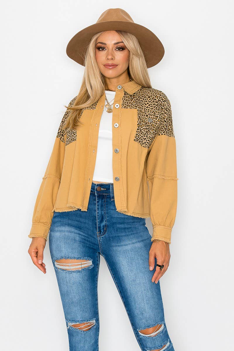 Leopard Contrast  Denim Jacket with Raw edge: Mocha