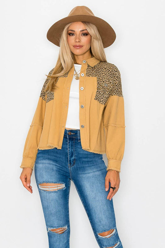 Leopard Contrast  Denim Jacket with Raw edge: Mocha / Small