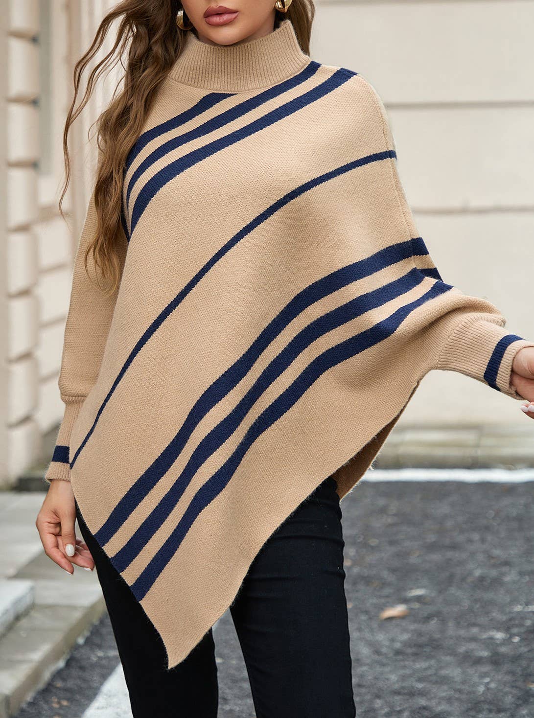 Striped Half-Neck Dolman-Sleeved Knitted Cape Shawl: Khaki