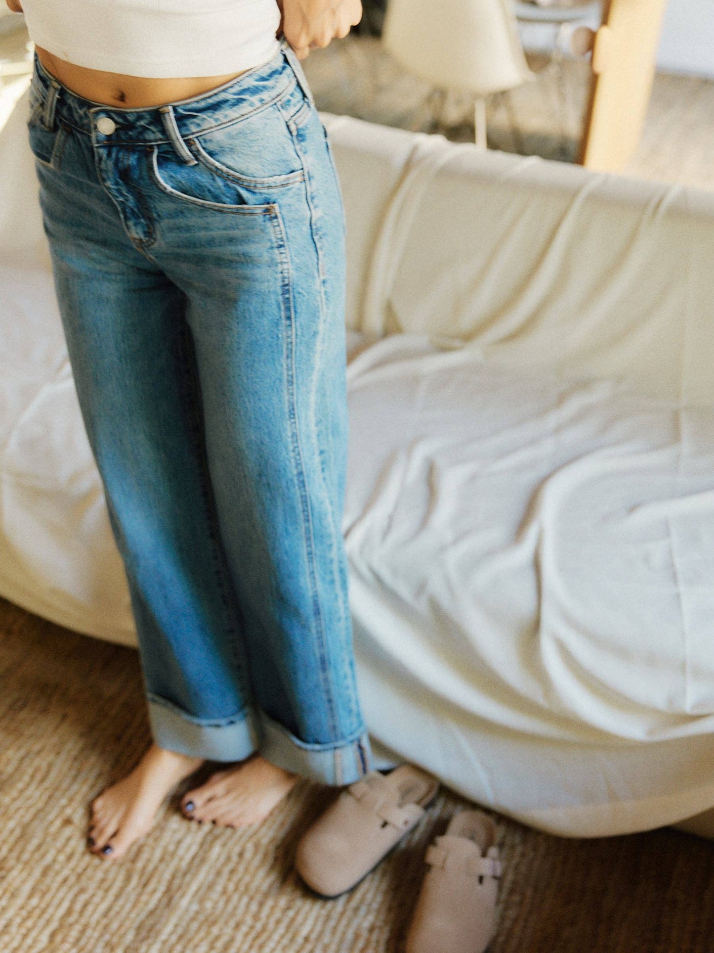 HIGH RISE CUFFED PANEL BAGGY WIDE JEANS T6645: SHINE / 27