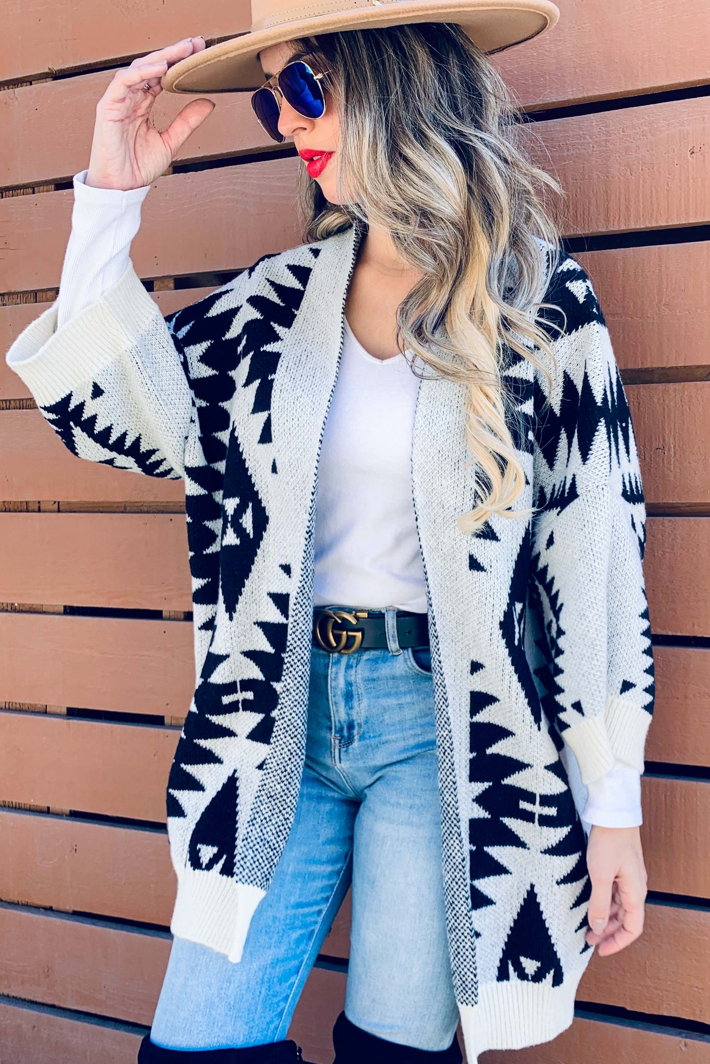 Cream Open Front Aztec Printed Knitted Cardigan: Cream / One Size