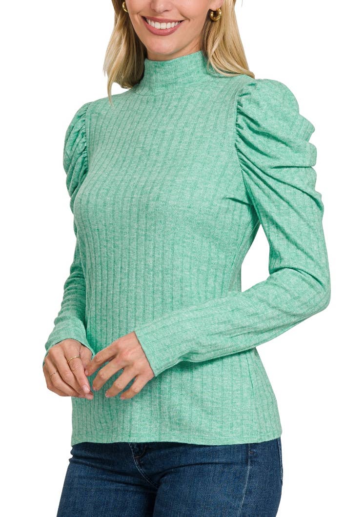 Ribbed Puff Long Sleeve Mock Neck Top: LT GREEN