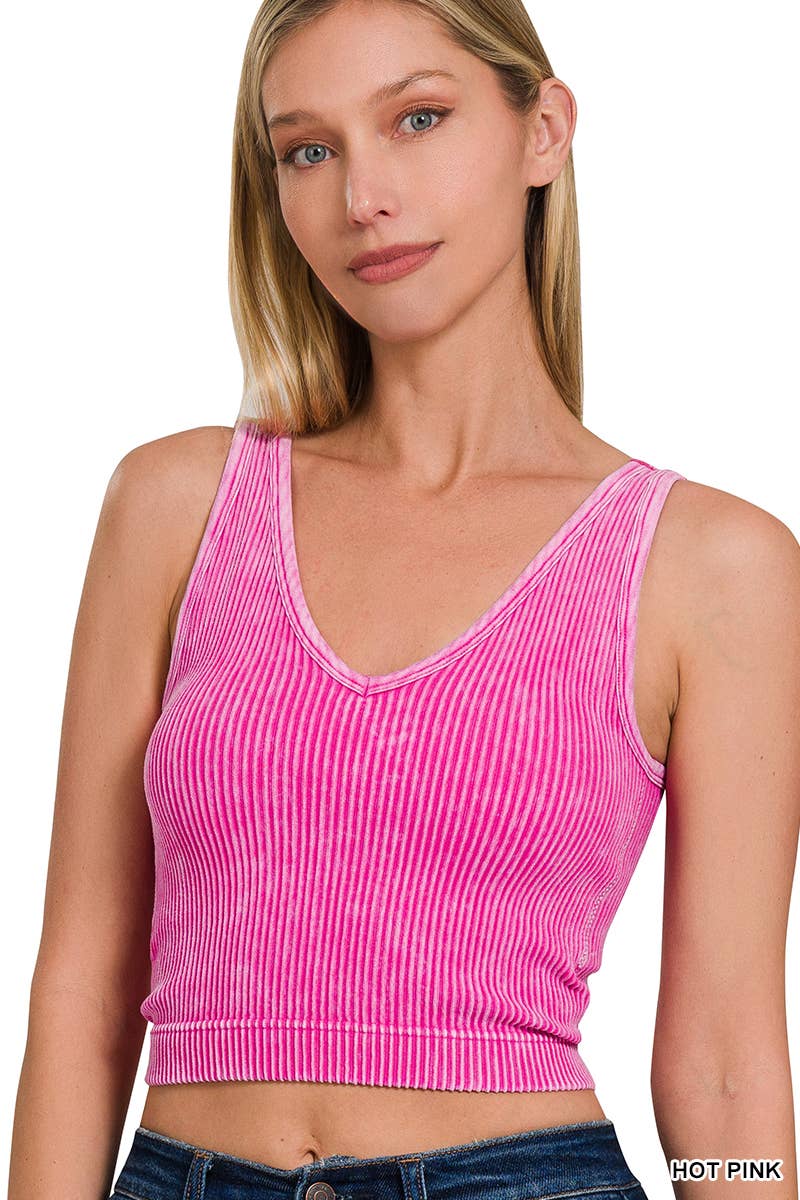 Washed Ribbed Cropped Bra Padded V-neck Tank Top: HOT PINK