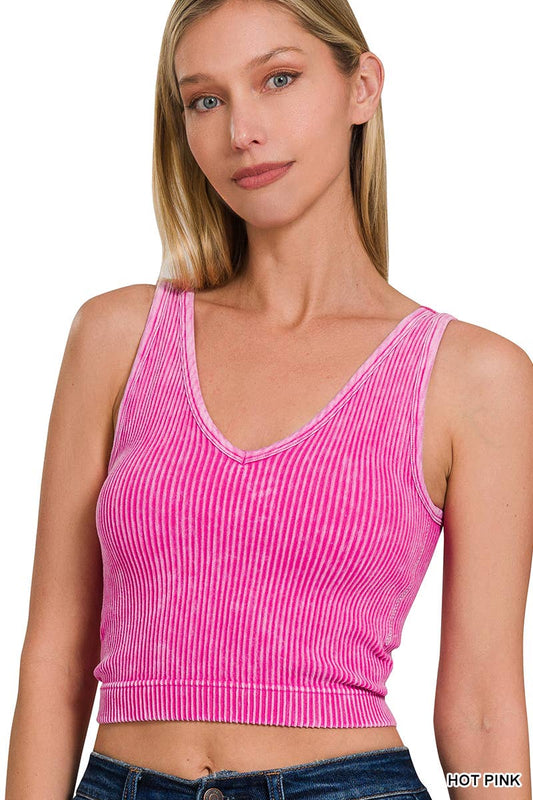 Washed Ribbed Cropped Bra Padded V-neck Tank Top: HOT PINK