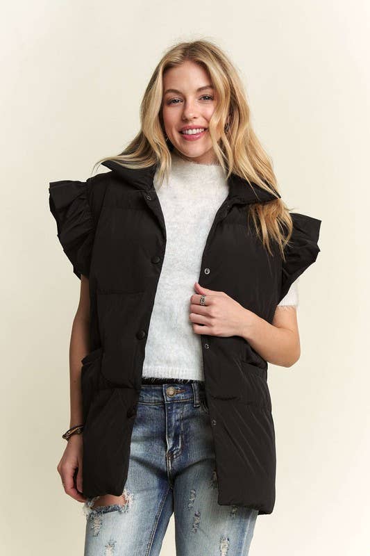 Ruffle Sleeve Down Vest: BLACK