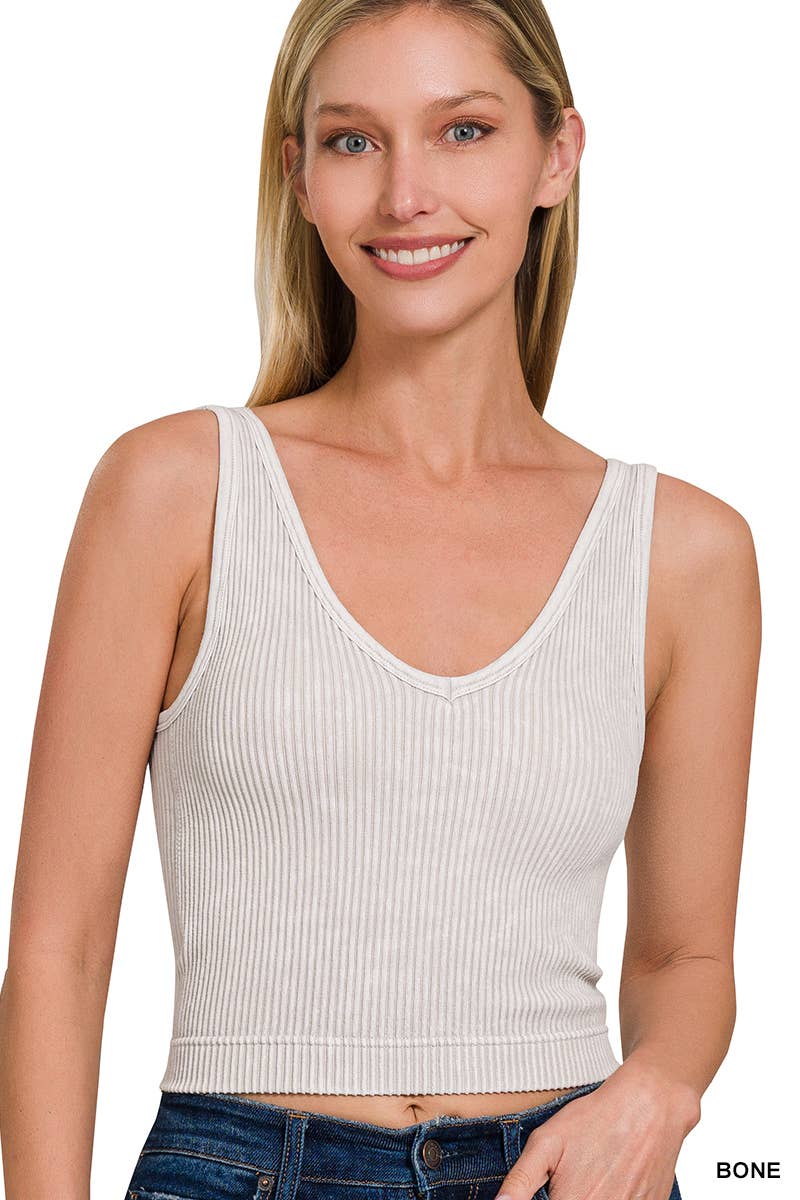 Washed Ribbed Cropped Bra Padded V-neck Tank Top: Black / 3-3 (S/M-L/XL)