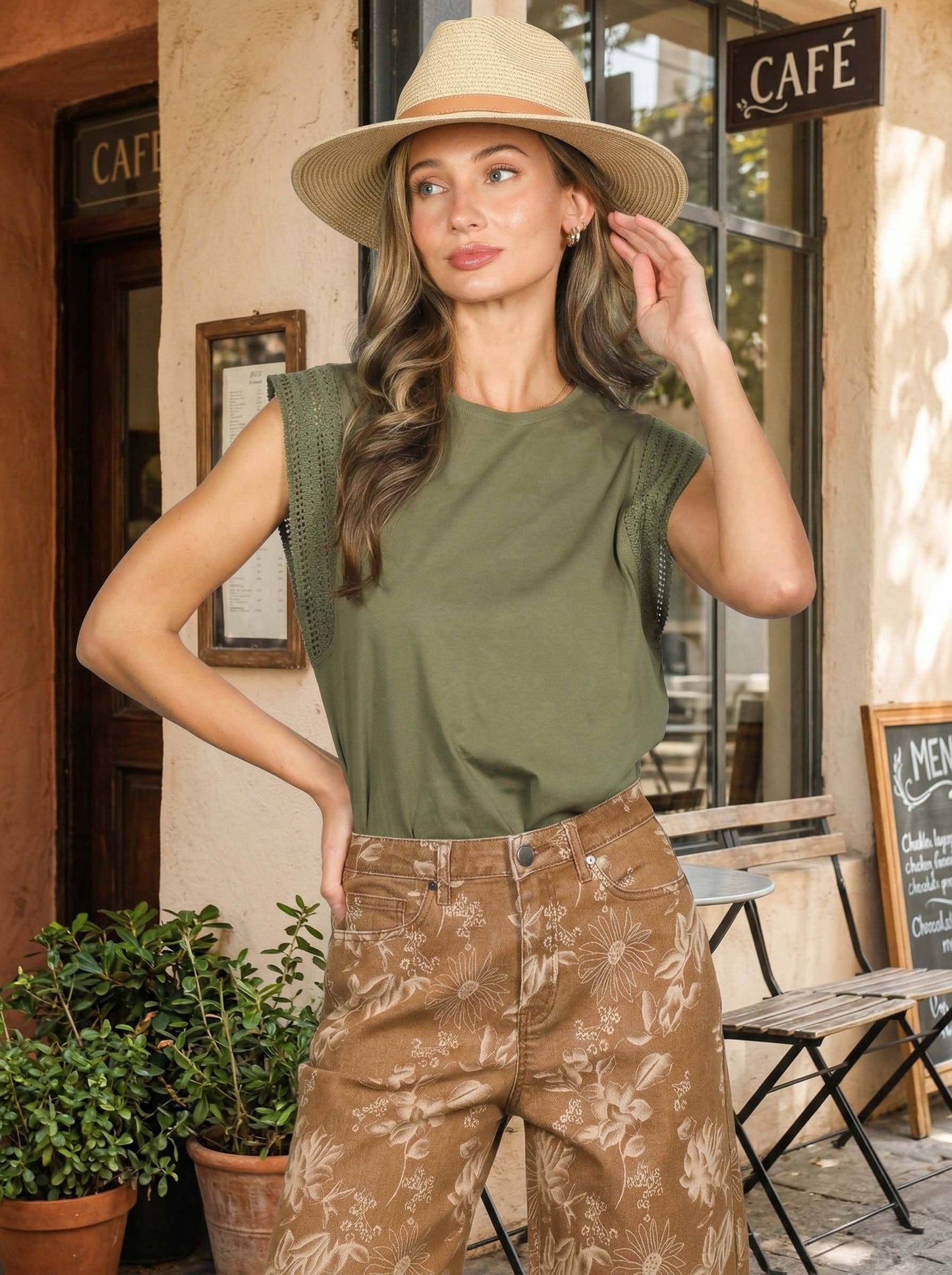 Trim Embellished Detail 100%Cotton Sleeveless Top VT83322: Olive / L