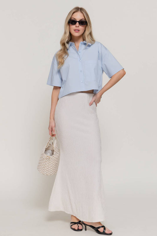 Short Sleeve Button Down Poplin Boxy Woven Shirt: BLU-blue / M